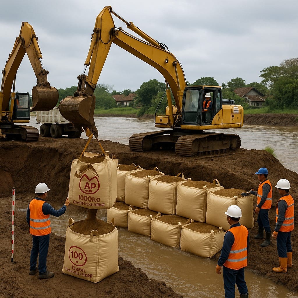 Penyusunan jumbo bag untuk sungai jebol