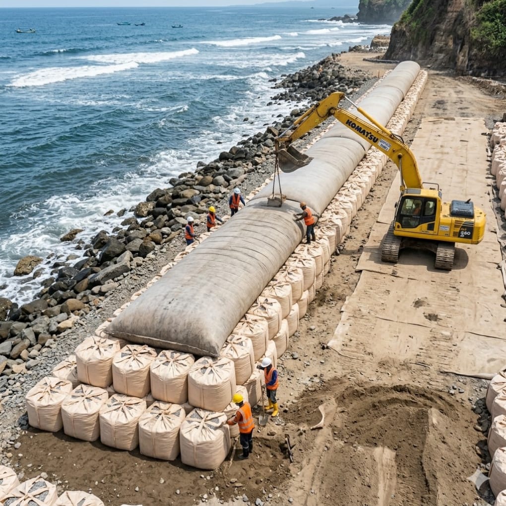 Memasang geotextile jumbo bag di tepi laut