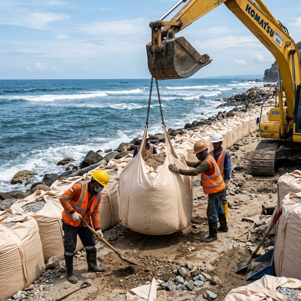 Memasang geotextile jumbo bag di tepi laut